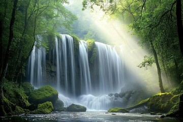 Beautiful waterfall in forest with light streaming through trees