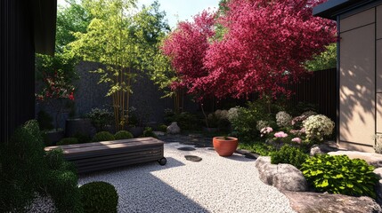 Fototapeta premium Tranquil Japanese Garden with Cherry Blossom Trees