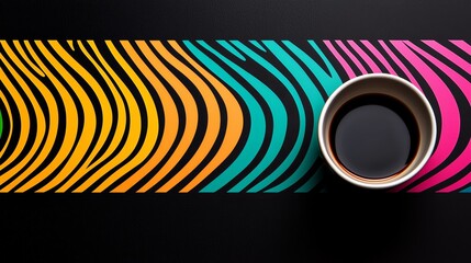 Naklejka premium Rainbow-colored zebra stripes on a sleek black backdrop, creating a vivid, high-contrast modern design. Bold zebra pattern, Vibrant colors on black