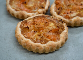 Seafood and bakery. Closeup view of a shrimp pie with gratin cheese	
