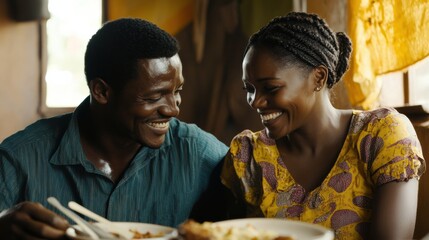 Couple sharing a joyful meal in a cozy interior setting
