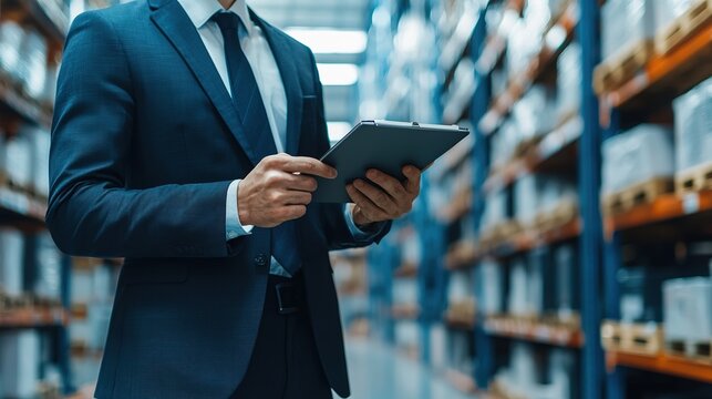 A businessman in a suit inspects inventory using a clipboard in a well-organized warehouse, highlighting professionalism and logistics.