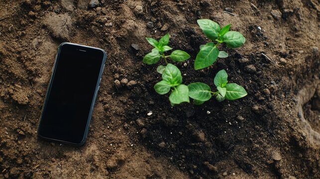 Young plants growing in soil beside a smartphone on a garden bed
