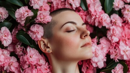 Young woman relaxing among vibrant pink flowers in a serene setting