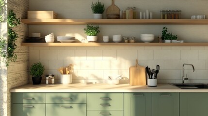 Modern Kitchen Interior with Green Cabinets and Wood Shelves