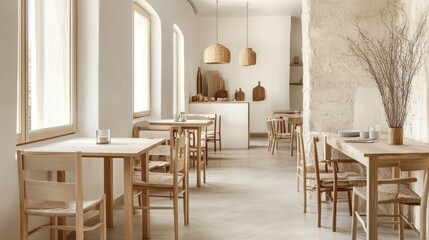 Obraz premium Minimalist dining area with wooden tables, chairs, and pendant lights