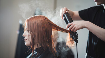 Fototapeta premium a hairstylist using a round brush while blow-drying a client's red hair