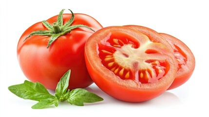 Fresh Red Tomato with Basil Leaf on White Background
