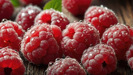 Fresh raspberries with water droplets on a wooden surface, emphasizing their freshness and appeal.