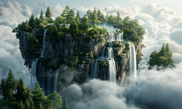 A floating island with a lake and waterfalls, surrounded by clouds and trees.