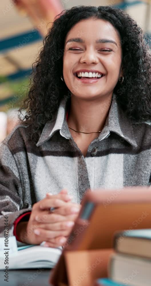 Poster student, girl and face with laughing at university for studying, learning for exam and books for res