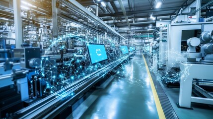 A modern manufacturing facility showcasing advanced automation and digital technology in action during a busy workday