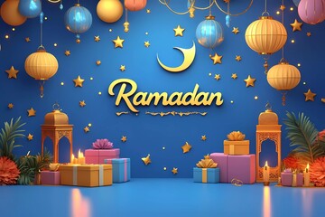 3D rendering Ramadan Kareem background with crescent moon, lantern, and gift boxes for Eid Mubarak template design in a flat cartoon style vector illustration. "Ramadan" text on top