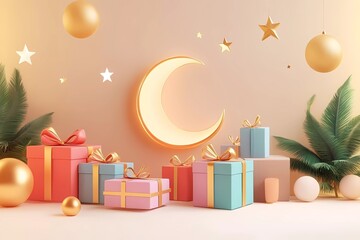 3D rendering Ramadan Kareem background with gift boxes and crescent moon decoration banner design for Eid Mubarak or Eid al-Fitr.