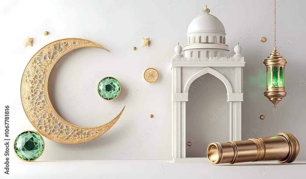 Fototapete 3d vector illustration of a set design for ramadan kareem, featuring a mosque lantern and a green mo