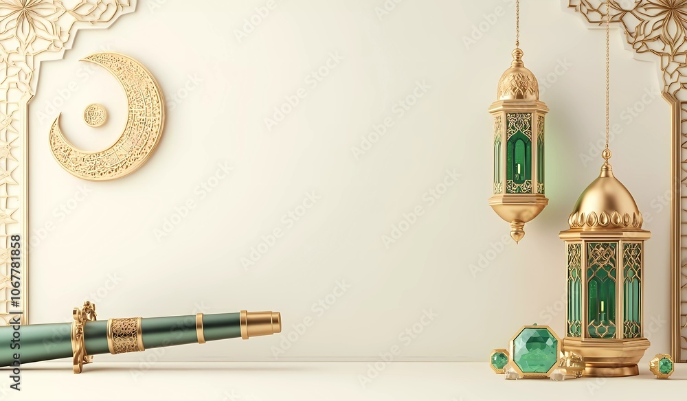 Fototapete 3d vector illustration of a set design for ramadan kareem, featuring a mosque lantern and a green mo