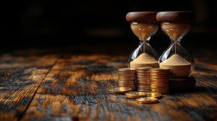 3D illustration of hourglasses with sand and gold coins on a wooden table symbolizing the passage of time and the concept of money. Dark background for emphasis.. Generative AI