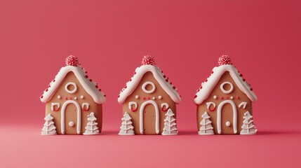 gingerbread houses decorated with red berry holy floral print frosting and red sprinkles on top on a red background