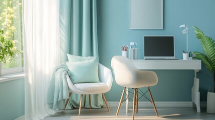 Modern Home Office Interior with Blue Walls and White Furniture