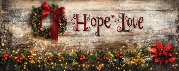 Christmas sign adorned with words of hope, faith, and love, bordered by a festive garland, creating a comforting holiday display.