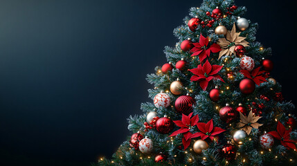 Festive Christmas tree adorned with vibrant ornaments in a cozy setting, ideal for holiday greeting cards, seasonal promotions, or festive decor designs.