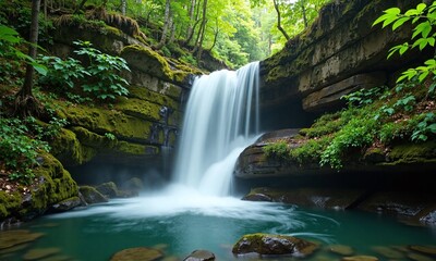 A waterfall flowing in a dense forest