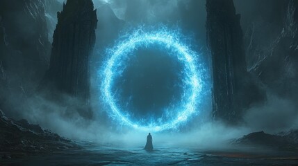 A mystical portal emitting blue light within an ancient fantasy gate. A lone figure stands before it in a dark, misty setting with cinematic lighting, conveying a sense of mystery.