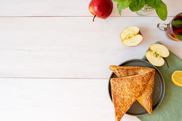 Apple Puff. Homemade Breakfast with Apple Puffs. Top view. Space for text