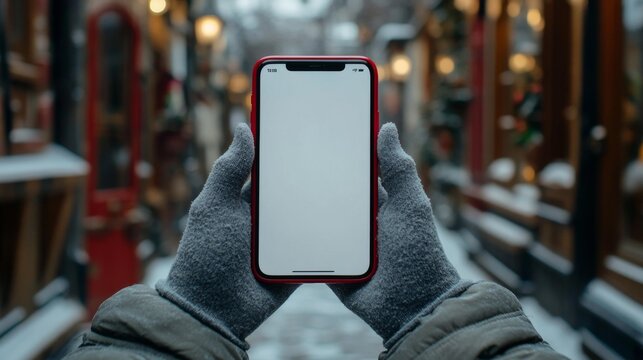 A close-up of a person in gray gloves holding a smartphone with a blank white screen. The street scene is blurred in the background, providing a perfect canvas for mockups or product display. - Powered by Adobe