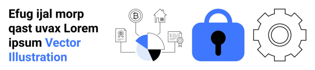Graphs and charts connecting technology and financial symbols, blue lock, and a cogwheel. Ideal for technology, cybersecurity, financial data analysis, business solutions, data visualization, web