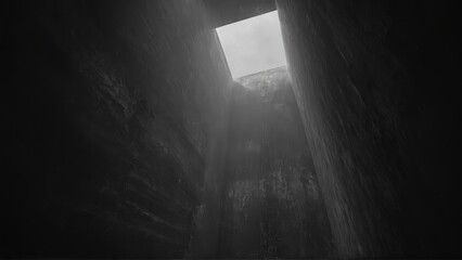 Generative AI, Dark, dramatic black-and-white architectural photograph of towering concrete walls with minimal light and sharp geometric contrasts