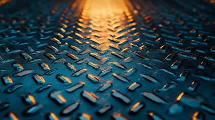 Obraz premium Close-up 3D metallic diamond plate, brushed metal texture with visible grain, raised diamond shapes, industrial reflections, backdrop industrial space