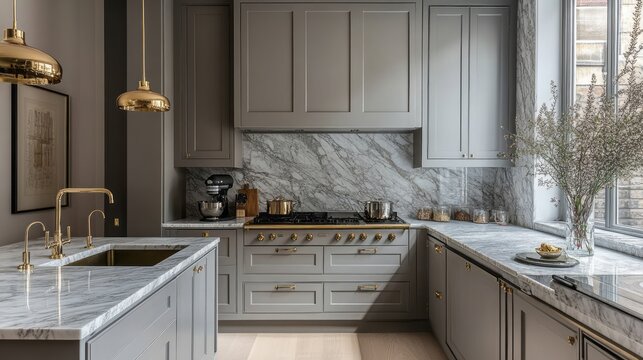 Modern Kitchen with Grey Cabinets, Marble Countertops, and Gold Accents