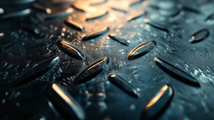 Close-up 3D render of a metallic diamond plate, finely brushed metal surface with soft scratches, the edges of the diamonds slightly rounded, diffused lighting