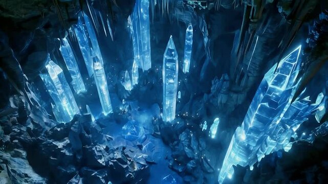 Glowing blue crystals in a dark cave with rough rock walls.