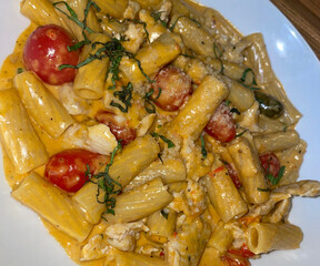 Rigatoni with Tomato, Basil, Creme Sauce