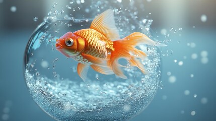3D Render of a Goldfish Jumping from Water in a Fishbowl. Generative AI