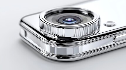 Compact web camera with chrome details and ultra-slim design, isolated on a white background, lens with a glossy finish, close-up shot