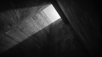Generative AI, Dark, dramatic black-and-white architectural photograph of towering concrete walls with minimal light and sharp geometric contrasts