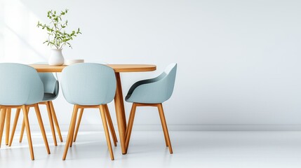 Contemporary wooden dining table with soft fabric chairs, designed for a modern kitchen, isolated on white, natural light reflections enhancing texture