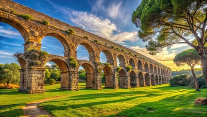 Obraz premium Ancient ruins of Rome's aqueducts in a scenic park setting, Ancient, Rome, aqueduct, ruins, historical, park