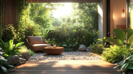 Natural Outdoor Terrace with Green Foliage. Generative AI