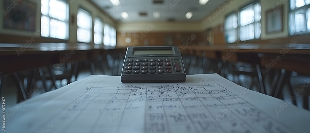 Poster a calculator rests on a sheet of paper in an empty classroom setting.