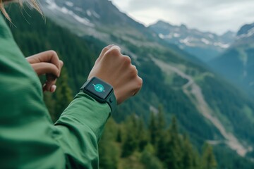 Woman wearing smartwatch while hiking in mountains