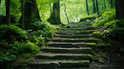 Moss-Covered Stone Staircase in Lush Green Forest
