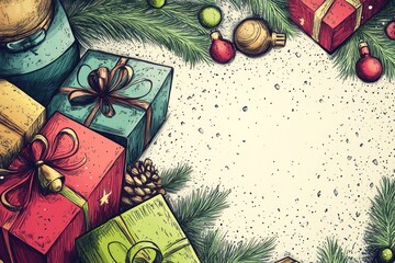 A hand-drawn Christmas card design featuring whimsical elements and gift boxes, perfect for personalization.