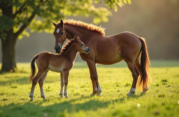 Fototapeta premium mare and foal in field