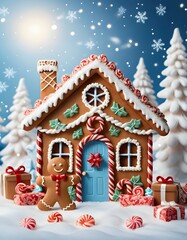 Christmas background with gingerbread house with winter decoration