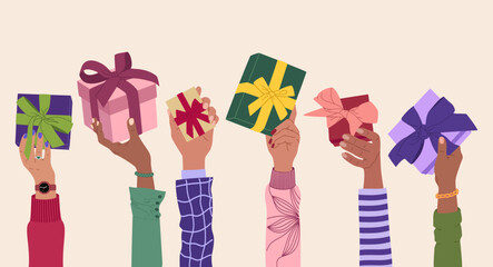 Different hands holding gift boxes. People give and exchange holiday presents. Hand drawn vector vector illustration isolated on light background, modern flat cartoon style.