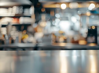 A blurred view of a kitchen with various utensils and equipment, suggesting a culinary environment.
